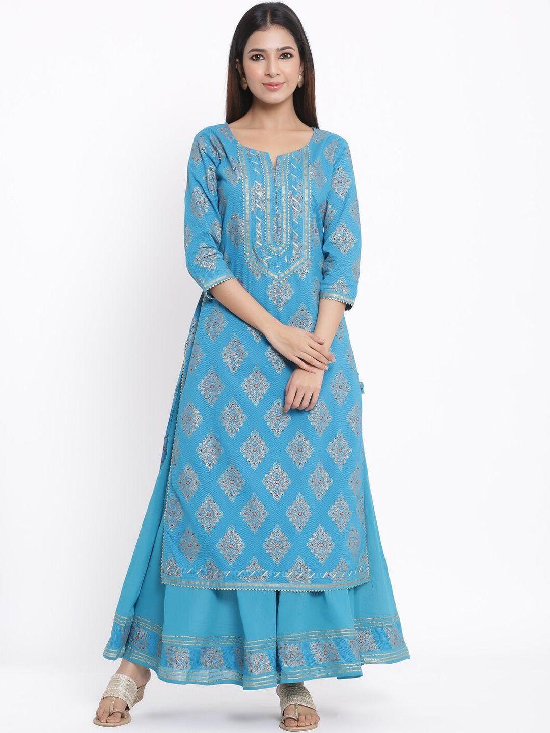 kipek women blue printed kurta with palazzos