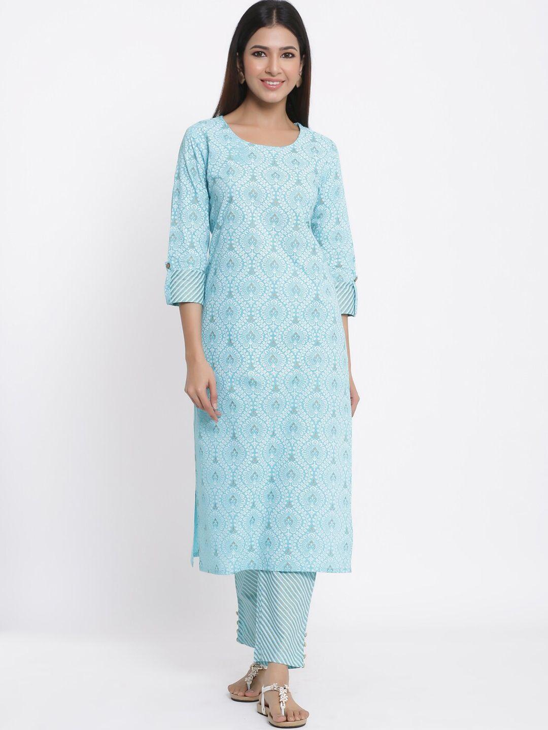 kipek women blue printed pure cotton kurta with trousers & with dupatta