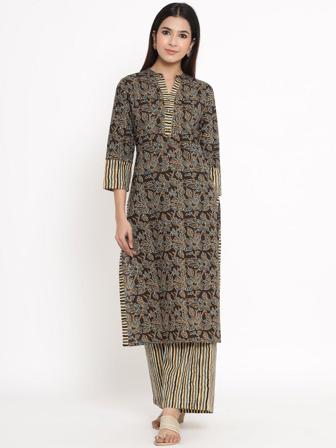 kipek women brown & blue printed kurta with trousers