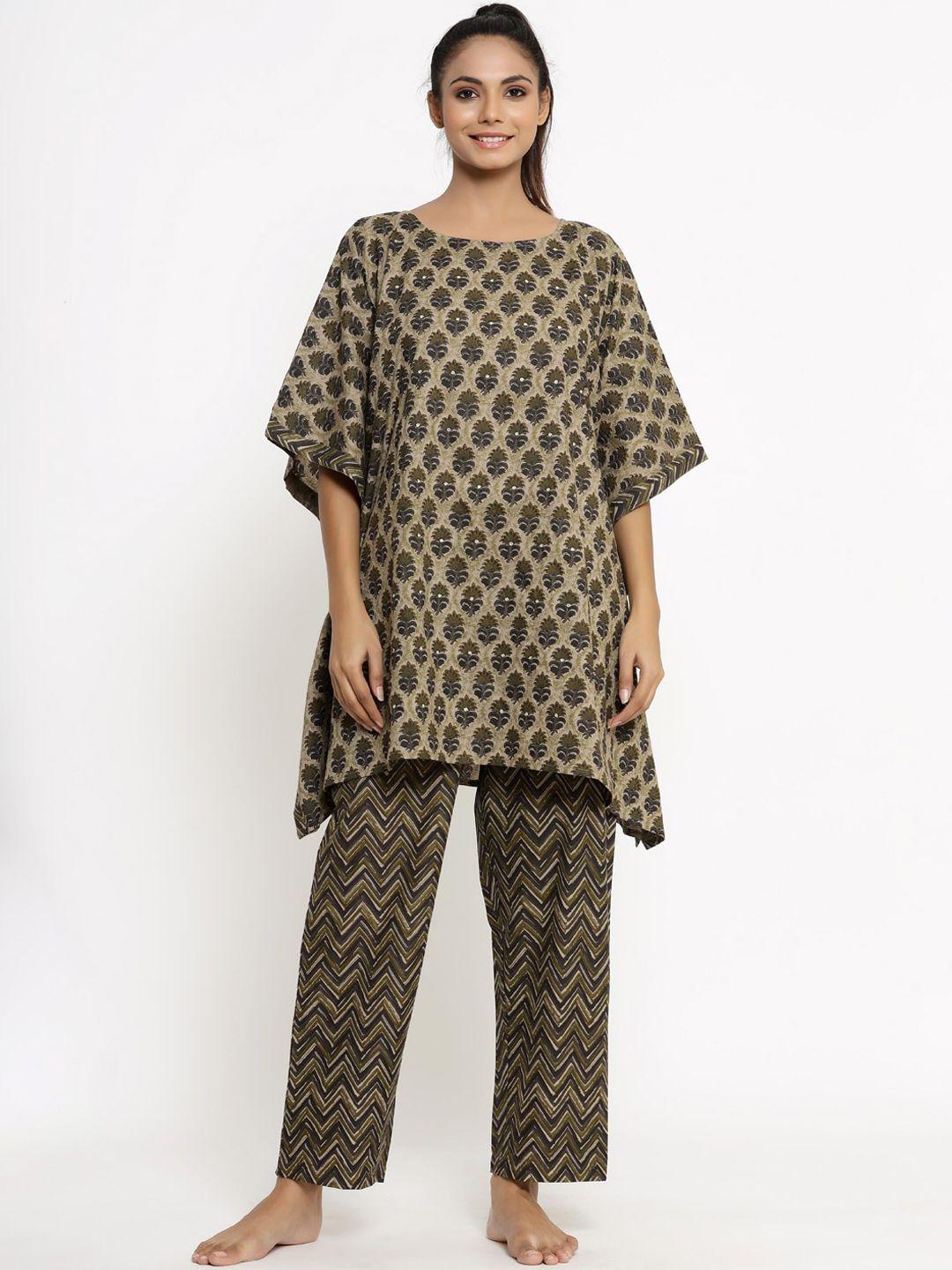kipek women brown printed cotton night suit kk256bn