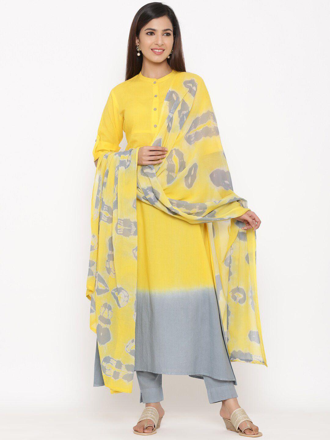 kipek women colourblocked pure cotton kurta with trousers & dupatta