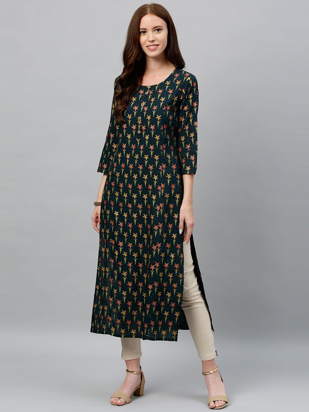 kipek women green & red printed straight kurta