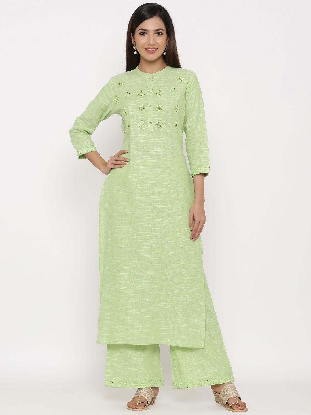 kipek women green floral embroidered pure cotton kurta with palazzos