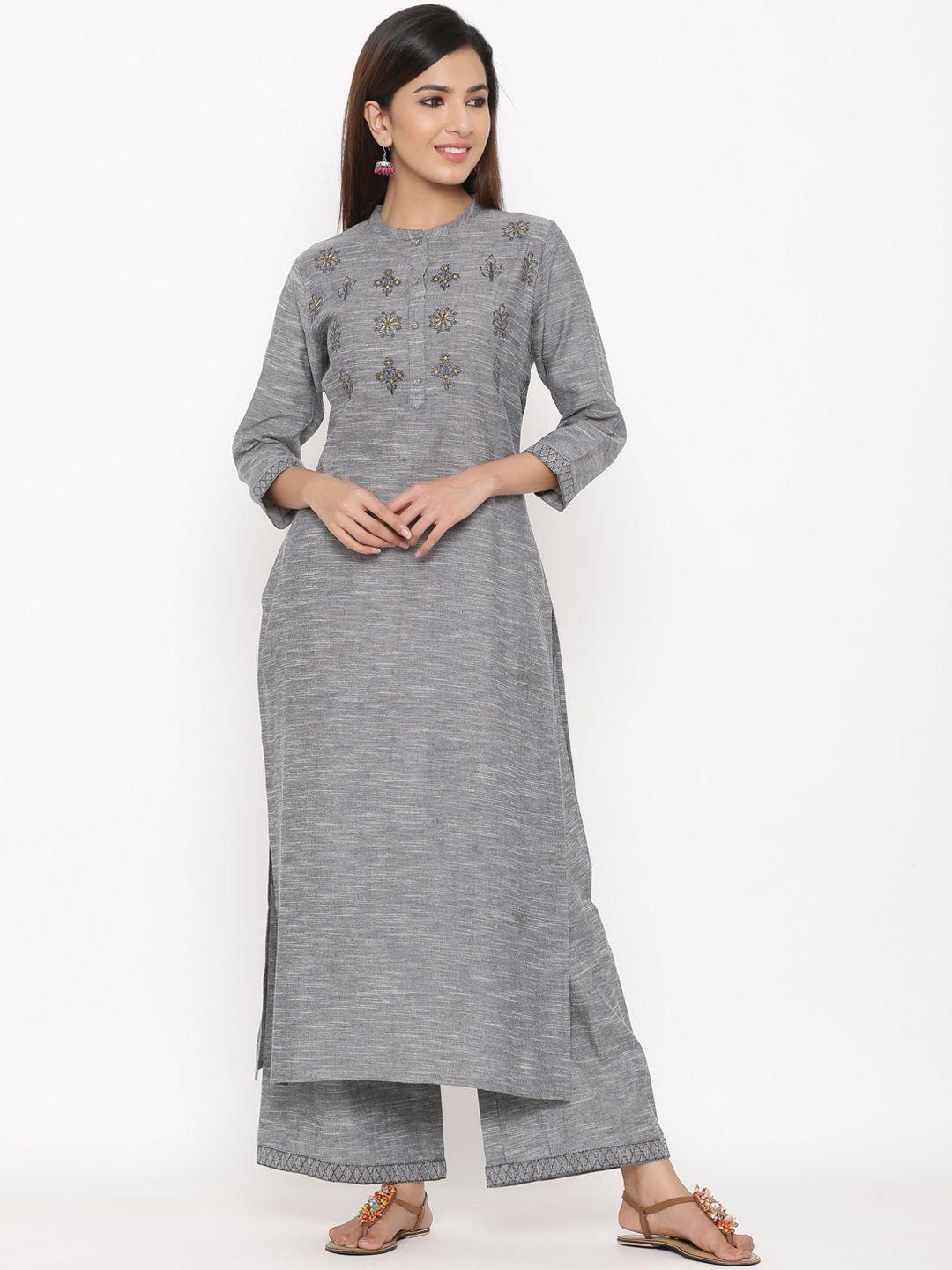 kipek women grey floral embroidered regular pure cotton kurta with palazzos