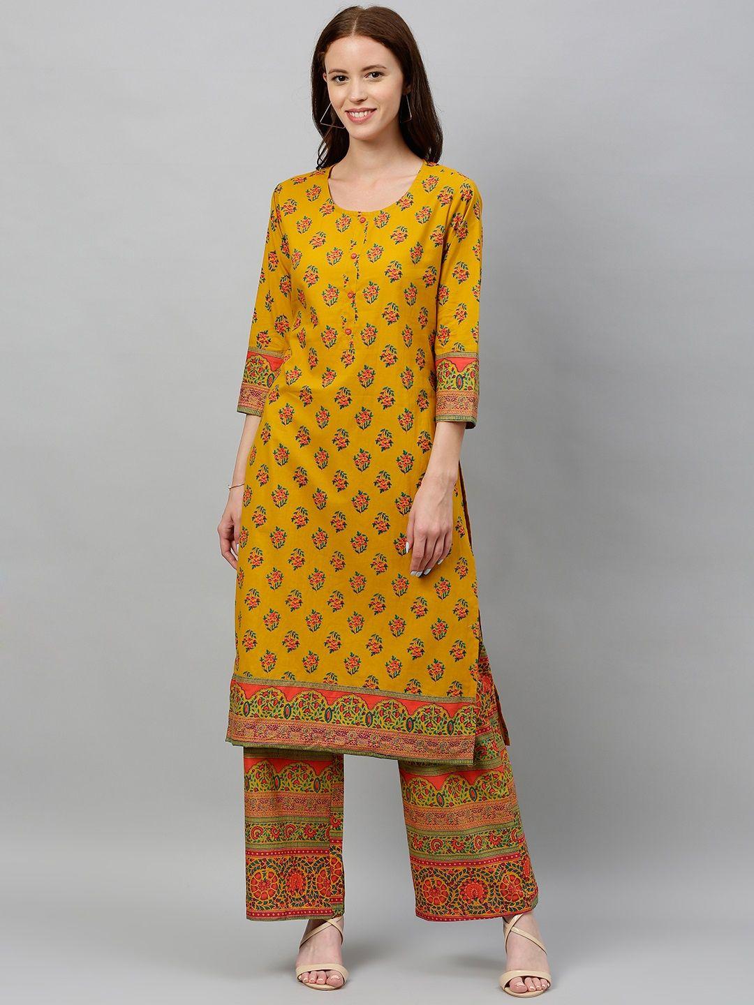 kipek women mustard yellow & orange floral printed kurta with palazzos