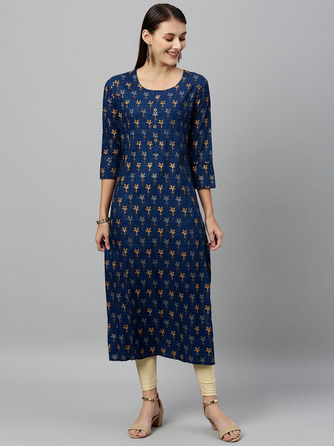 kipek women navy blue & mustard yellow floral printed straight kurta