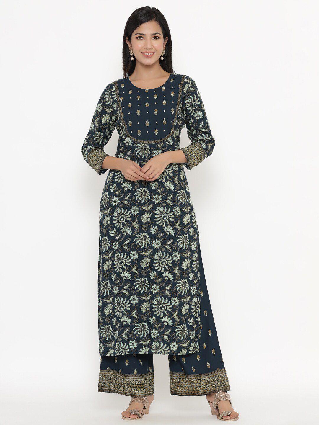 kipek women navy blue ethnic motifs printed kurta with palazzos