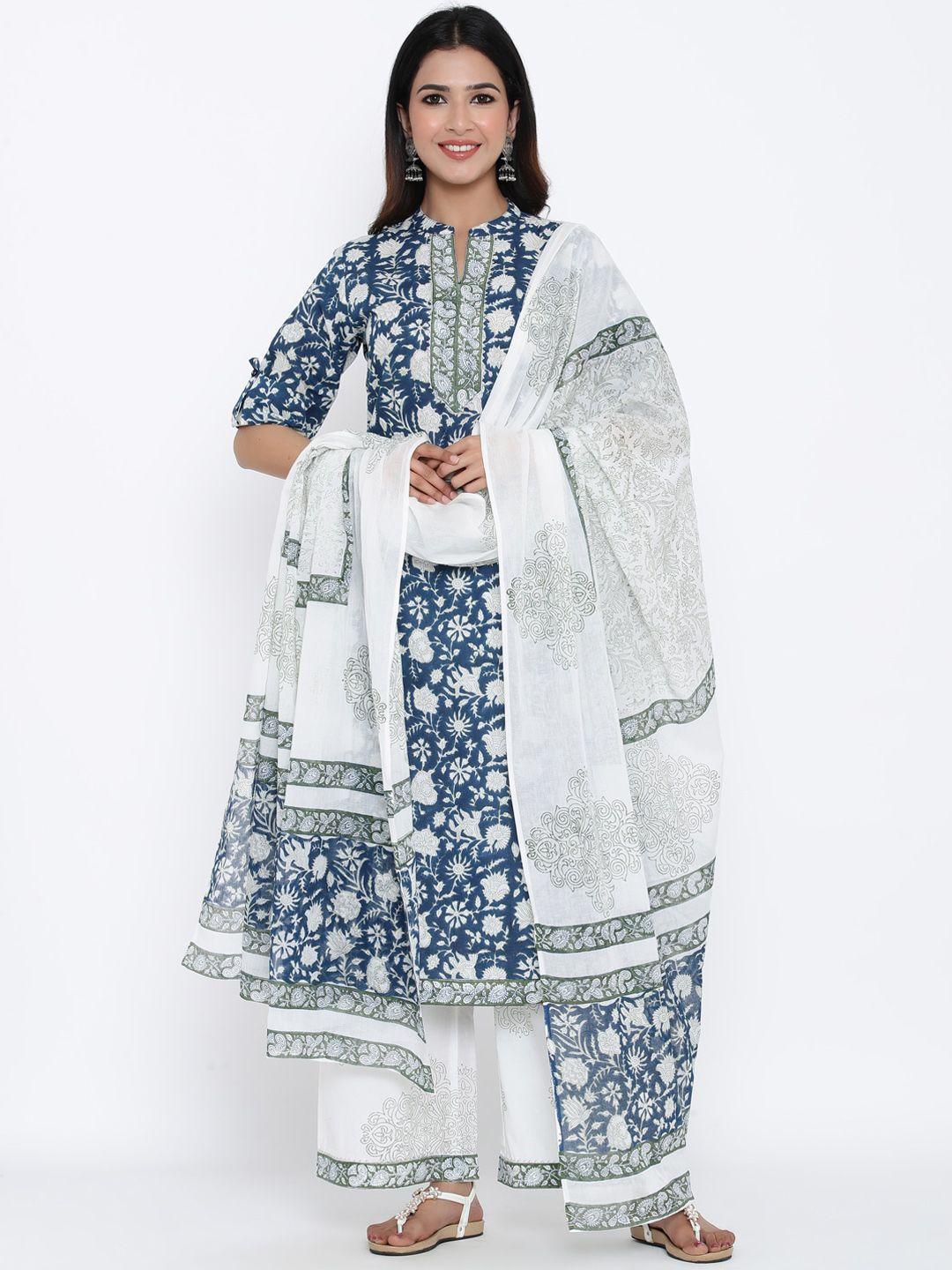 kipek women navy blue printed pure cotton kurta with palazzos & with dupatta