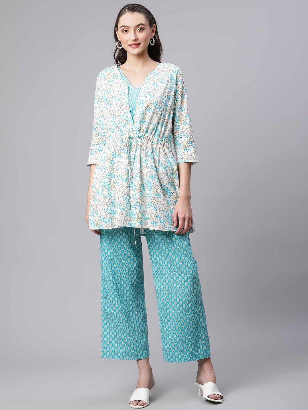 kipek women turquoise blue & white printed top with trousers with jacket