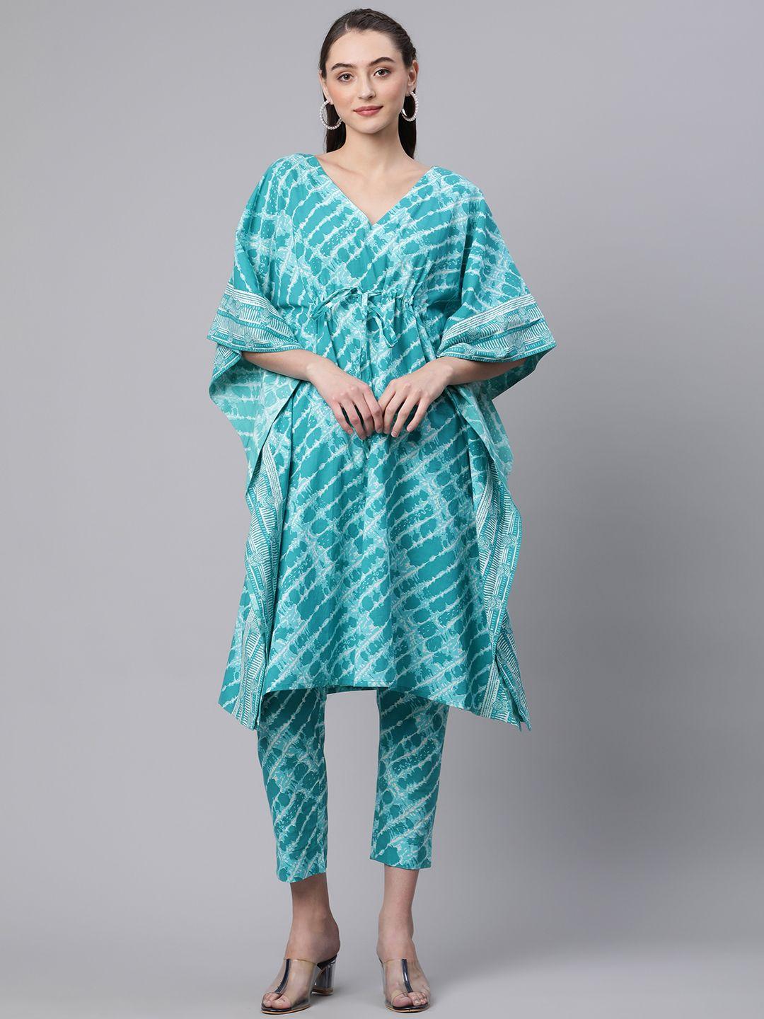 kipek women turquoise blue dyed pure cotton kurta with trousers