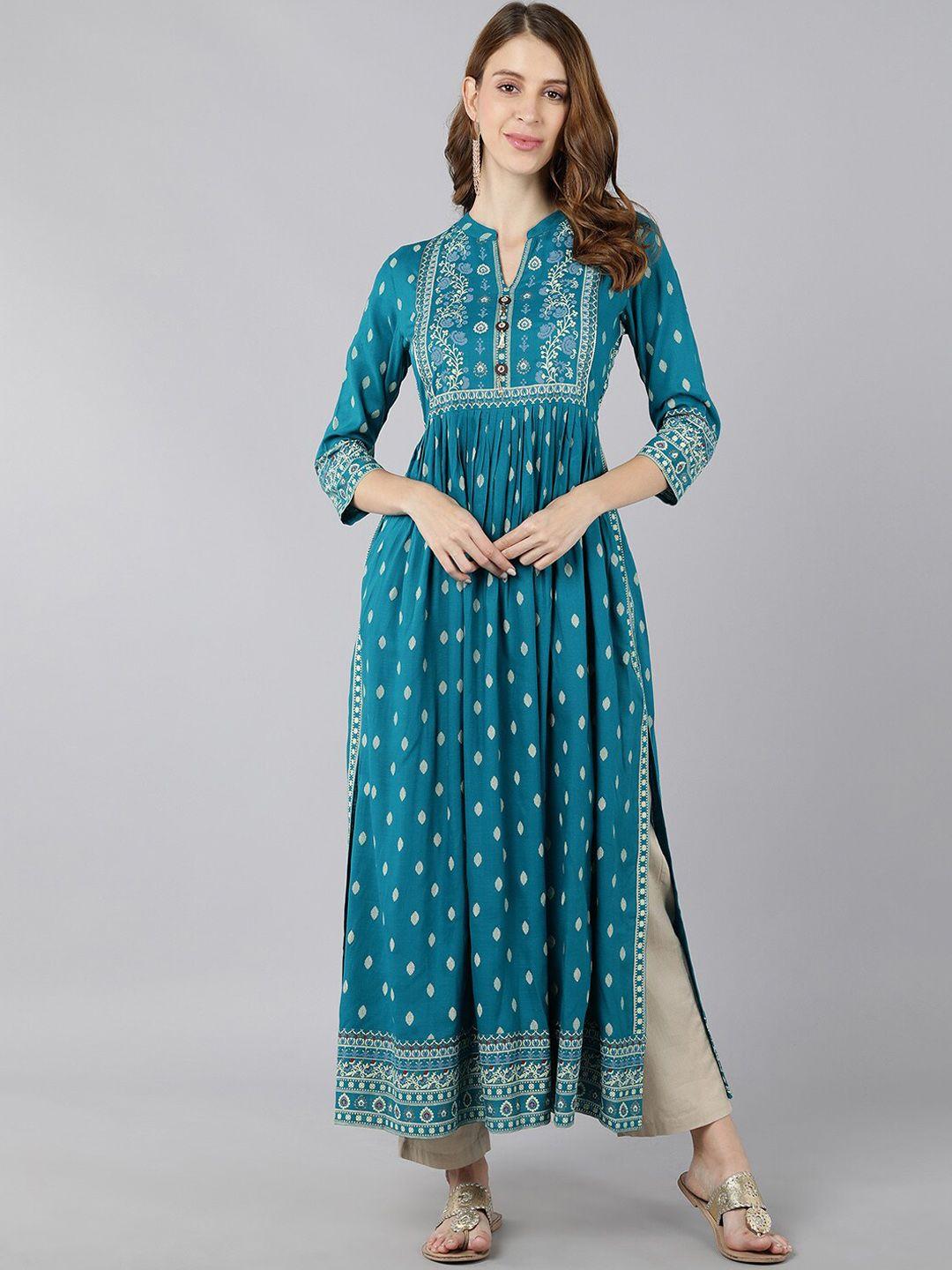 kipek women turquoise blue ethnic motifs printed anarkali kurta