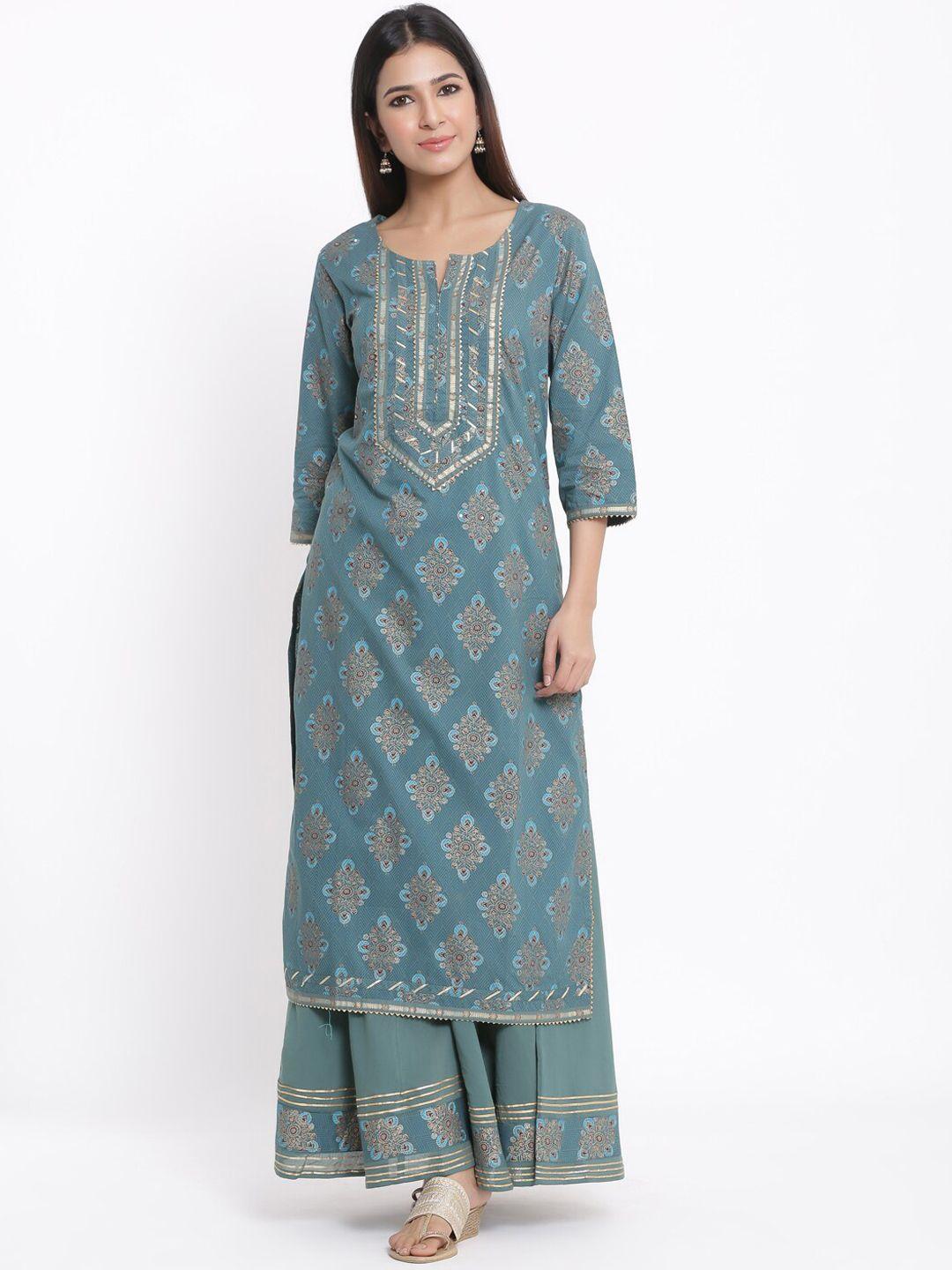 kipek women turquoise blue ethnic motifs printed pure cotton kurta with skirt