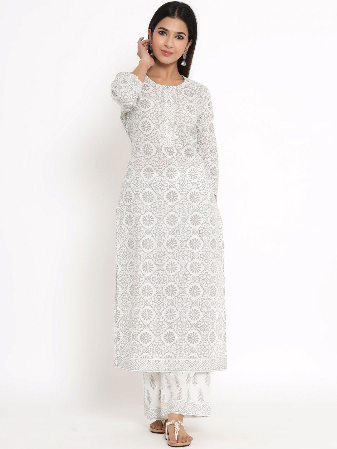 kipek women white ethnic motifs pure cotton kurta with trousers & with dupatta