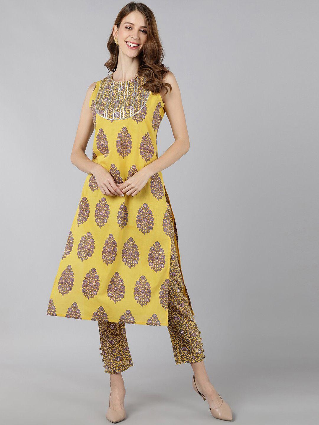 kipek women yellow printed pure cotton kurta with trousers