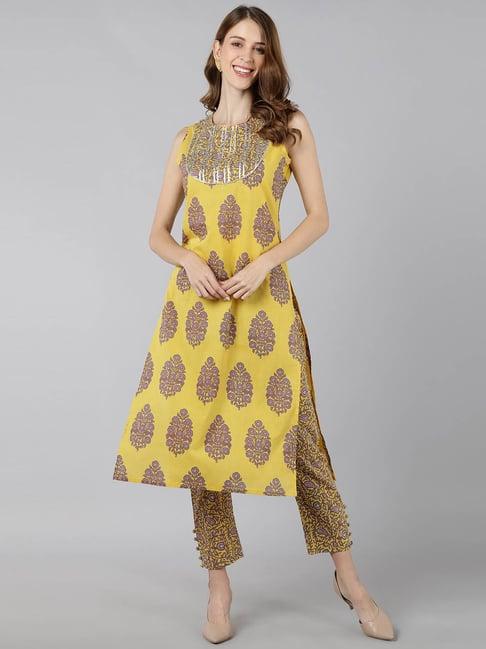 kipek yellow & purple cotton printed kurta pant set