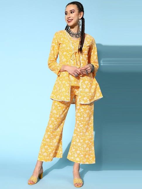 kipek yellow cotton floral print tunic palazzo set with shrug