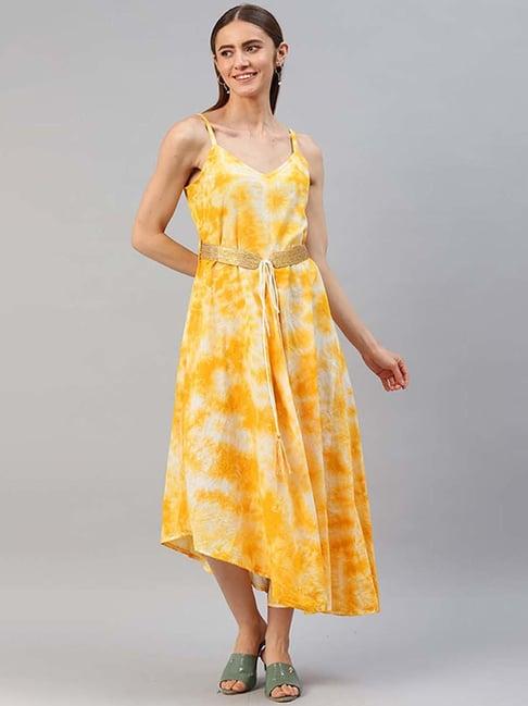 kipek yellow cotton printed a-line dress