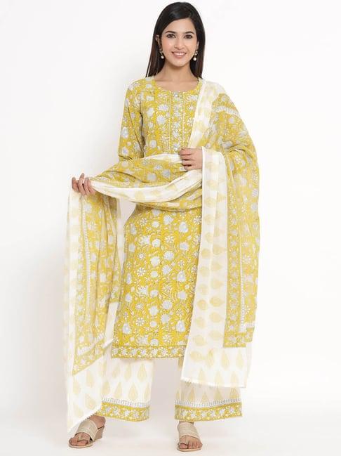 kipek yellow cotton printed kurta with palazzo & dupatta