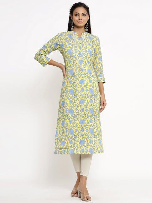 kipek yellow cotton printed straight kurta