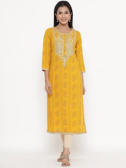 kipek yellow embroidered straight kurta