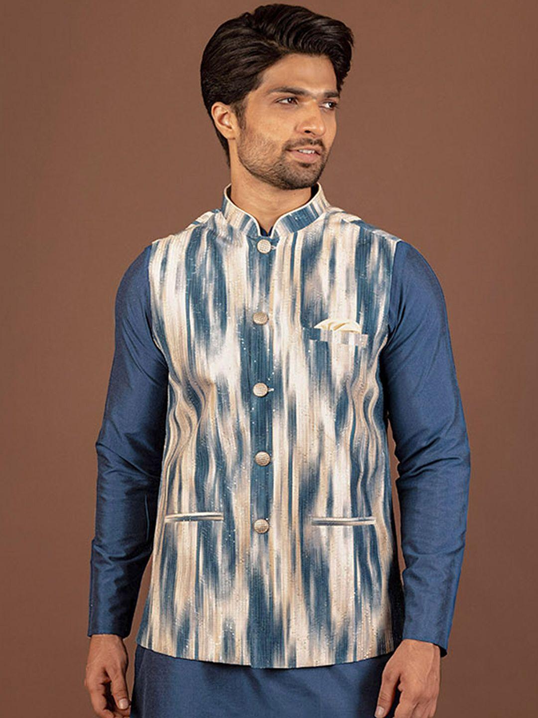 kisah abstract printed mandarin collar woven nehru jacket with pocket square