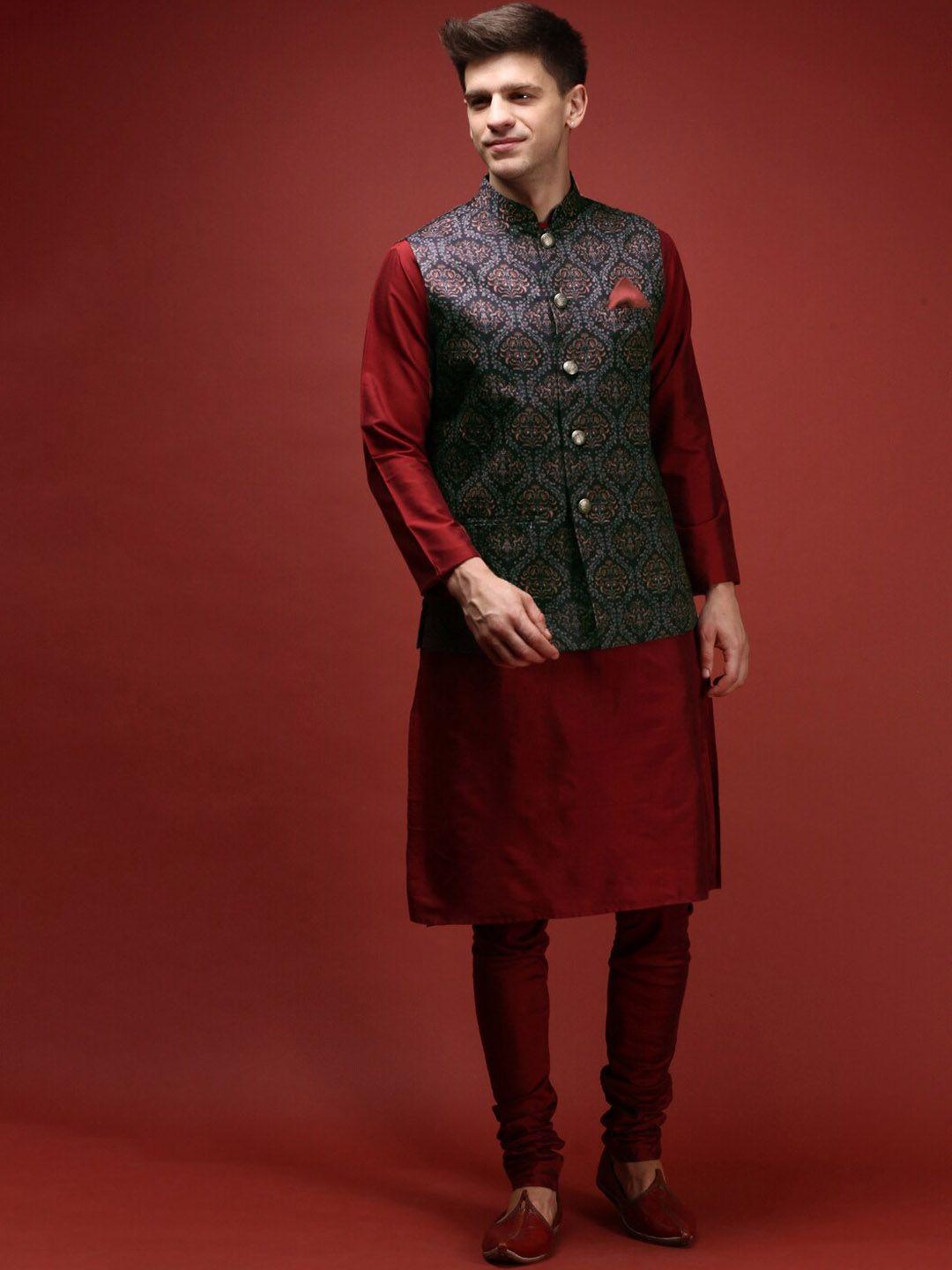 kisah black & red mandarin collar straight kurta & churidar with nehru jacket