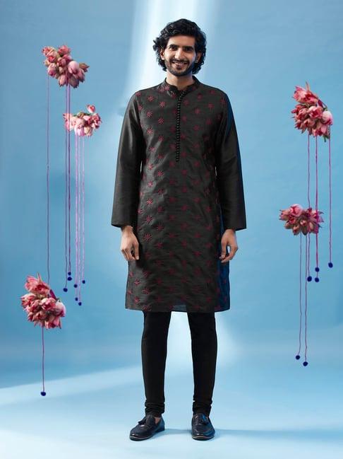kisah black regular fit embroidered kurta & churidar set