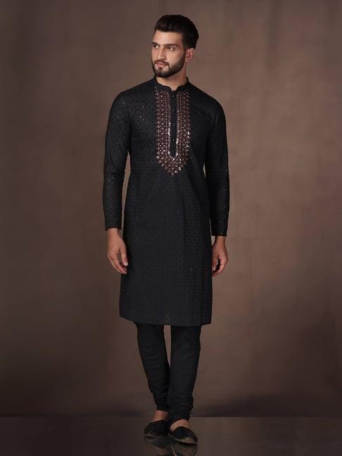 kisah black regular fit embroidered kurta & churidar set