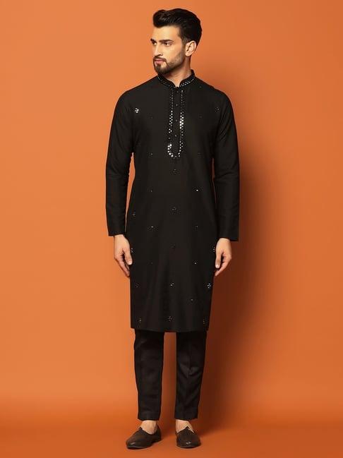 kisah black regular fit embroidered kurta bottom set