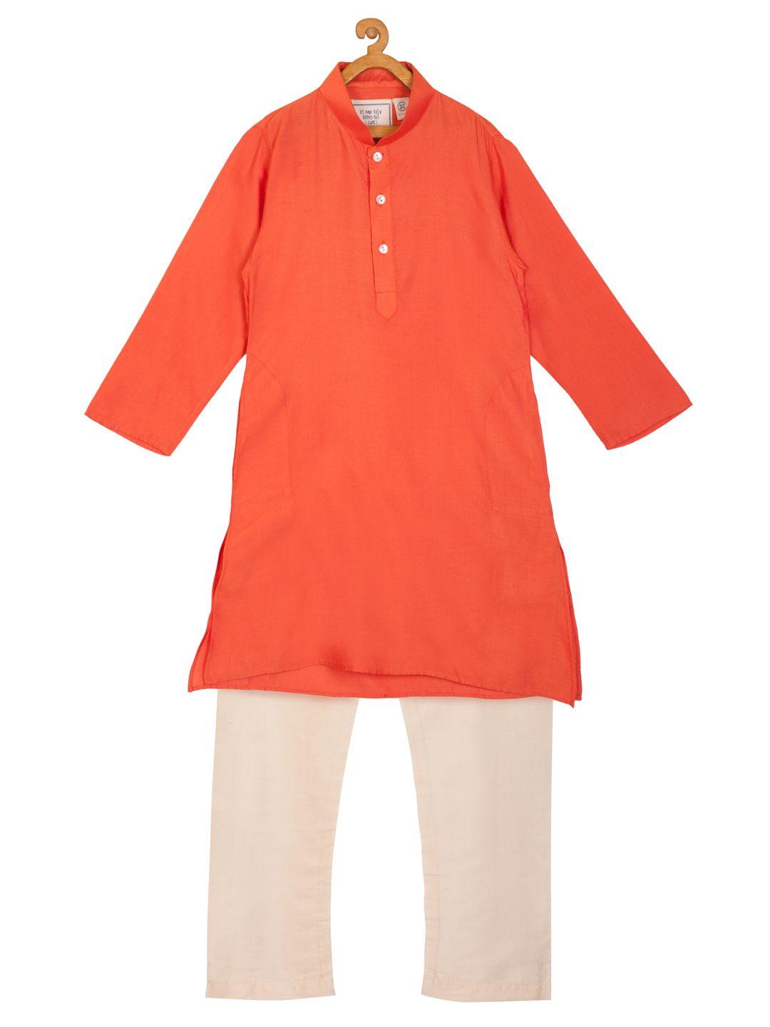 kisah boys coral orange & cream-coloured solid kurta with pyjamas