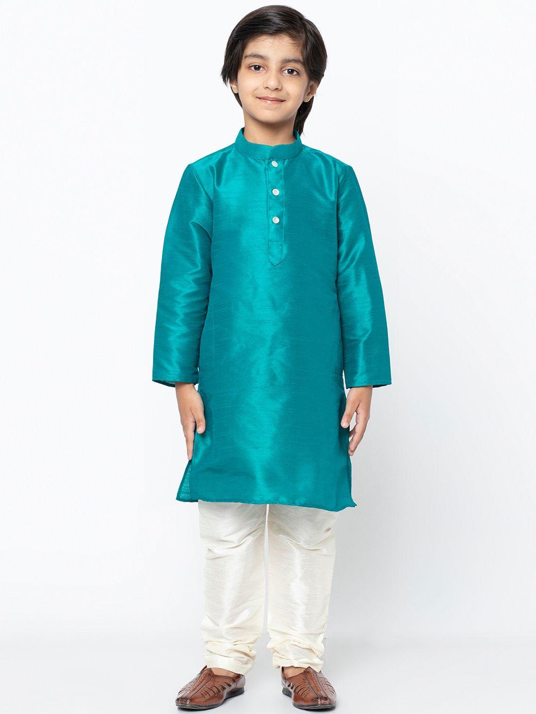 kisah boys turquoise blue woven design straight kurta