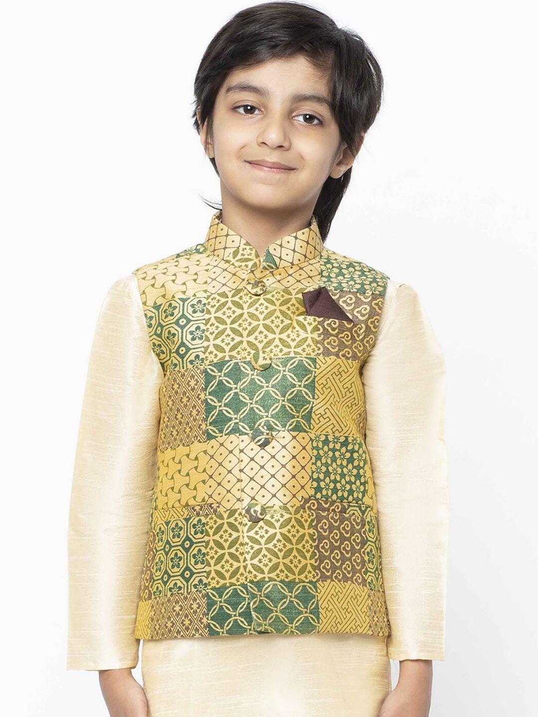 kisah boys yellow & green printed woven nehru jacket