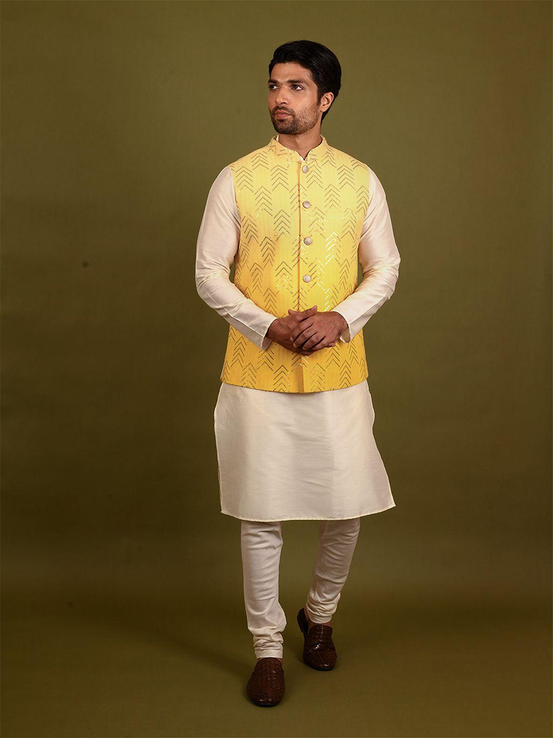 kisah embroidered sequinned straight kurta with churidar & nehru jacket