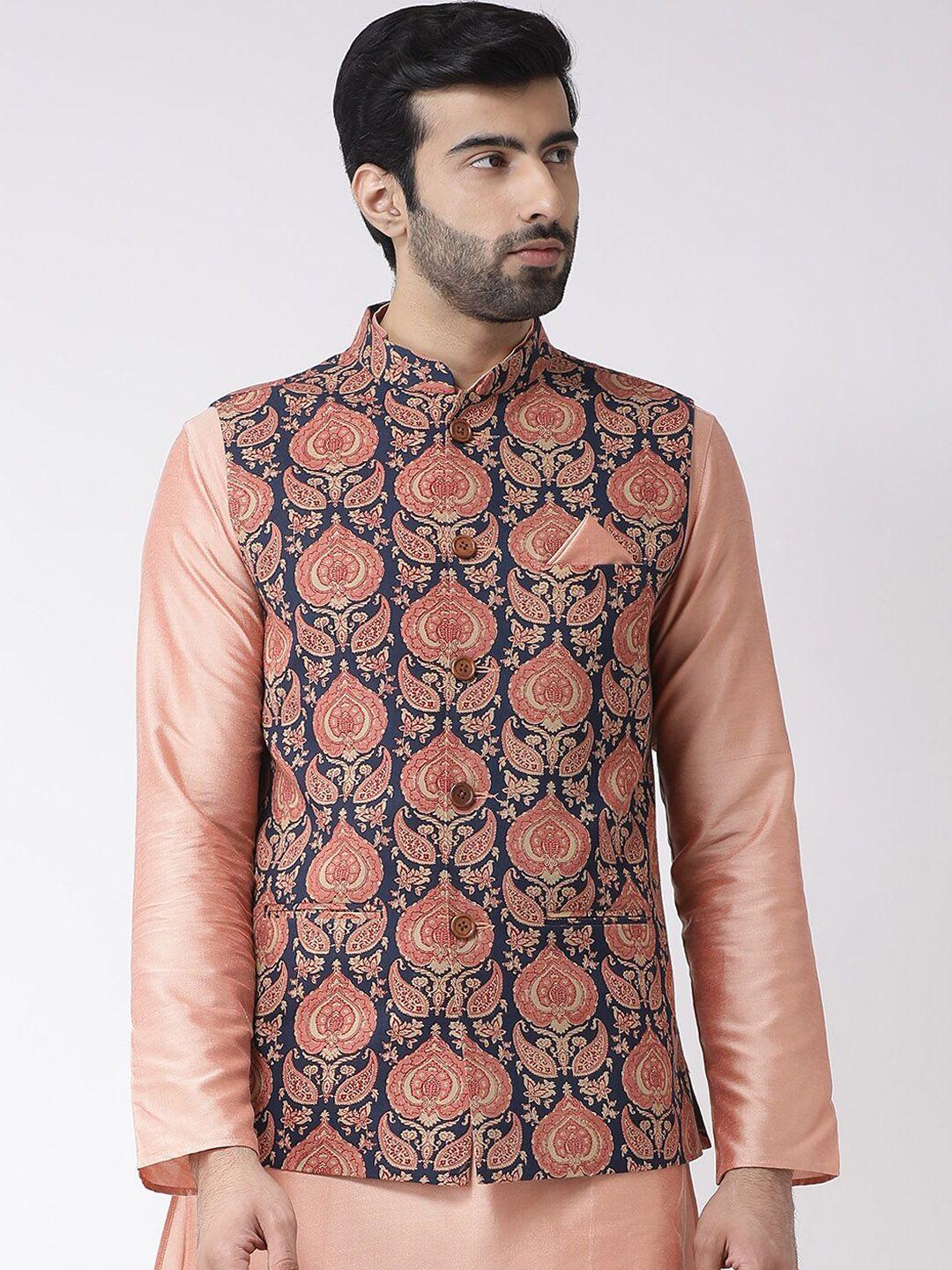 kisah ethnic motif printed nehru jackets with pocket square