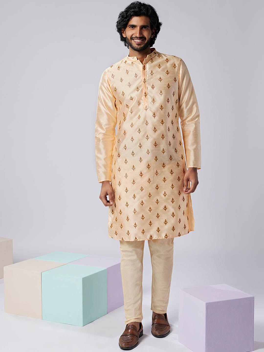 kisah ethnic motifs embroidered mandarin collar straight kurta with trouser