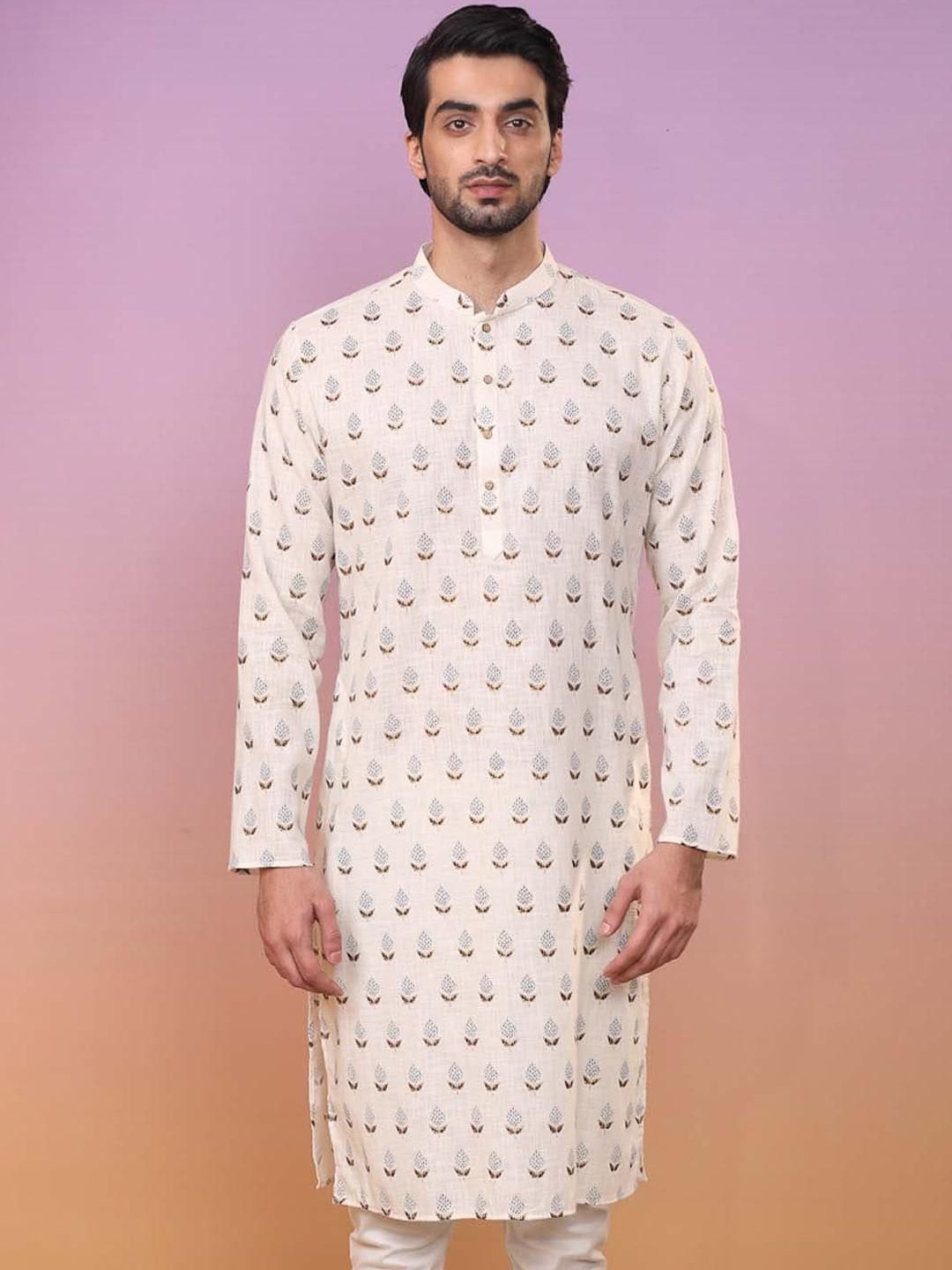 kisah ethnic motifs printed mandarin collar pure cotton kurta