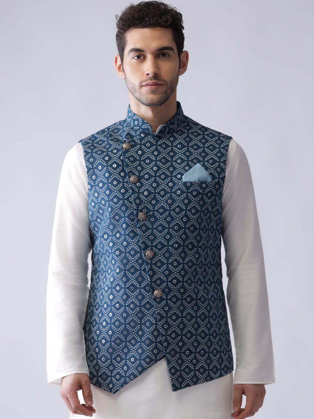 kisah ethnic motifs printed nehru jacket with pocket square
