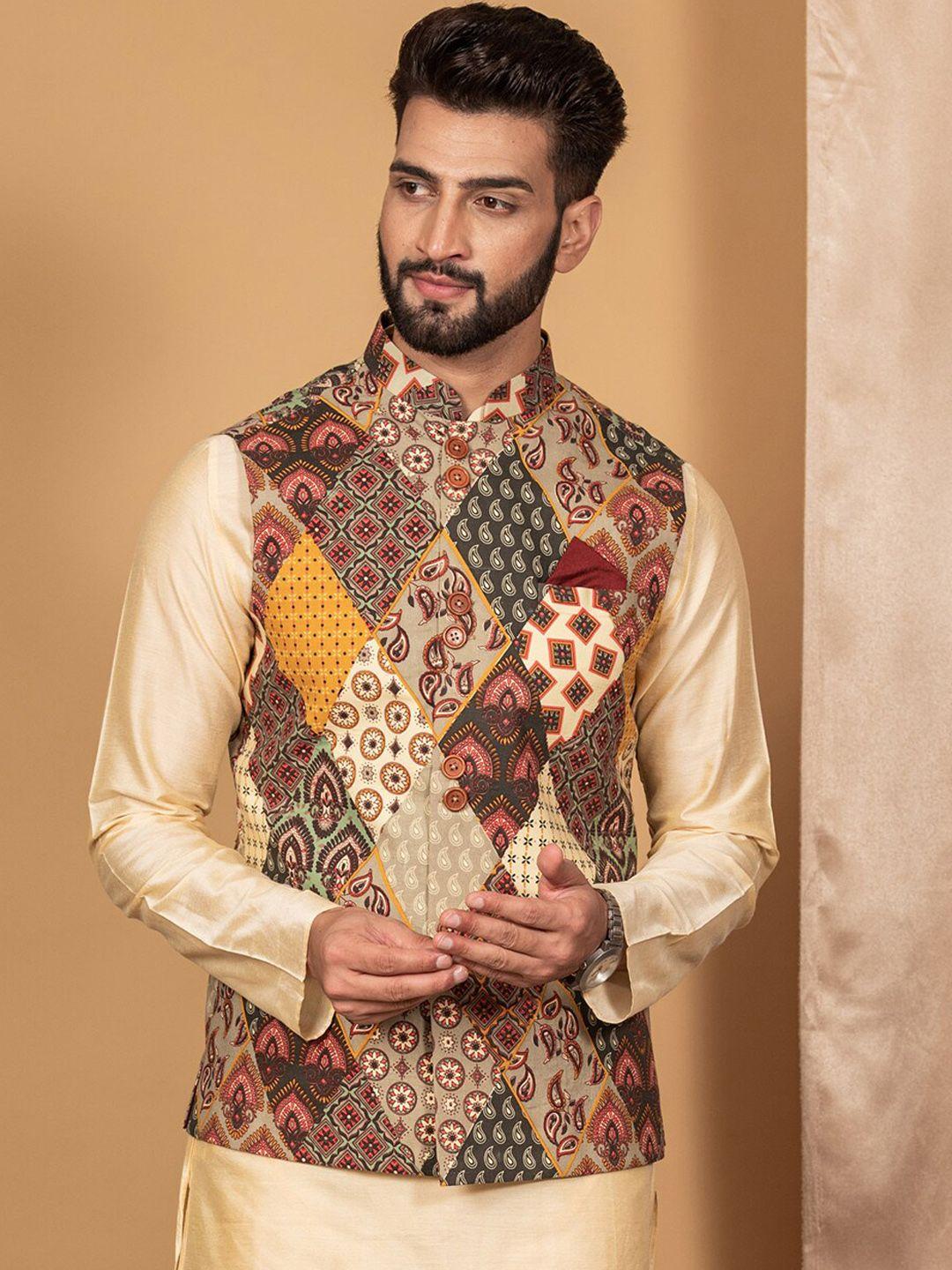 kisah ethnic motifs printed woven nehru jacket