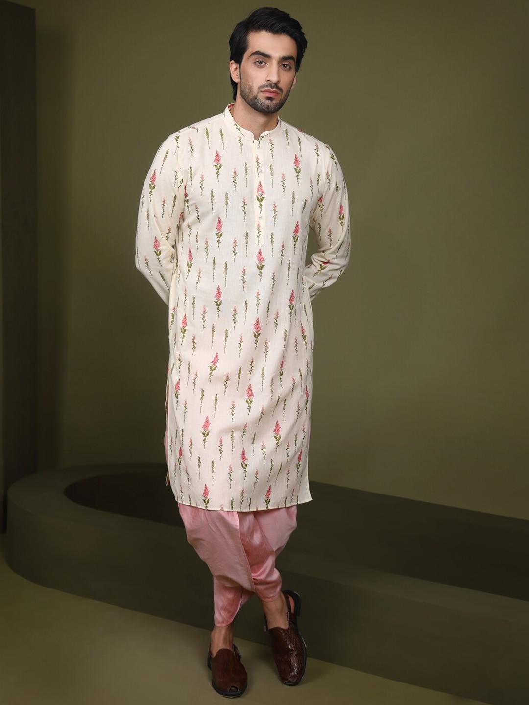 kisah floral printed mandarin collar pure cotton kurta with dhoti pants