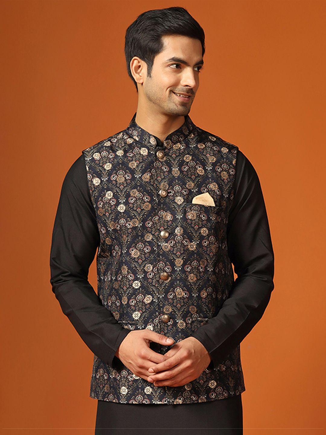 kisah floral printed mandarin collar woven nehru jacket with pocket square