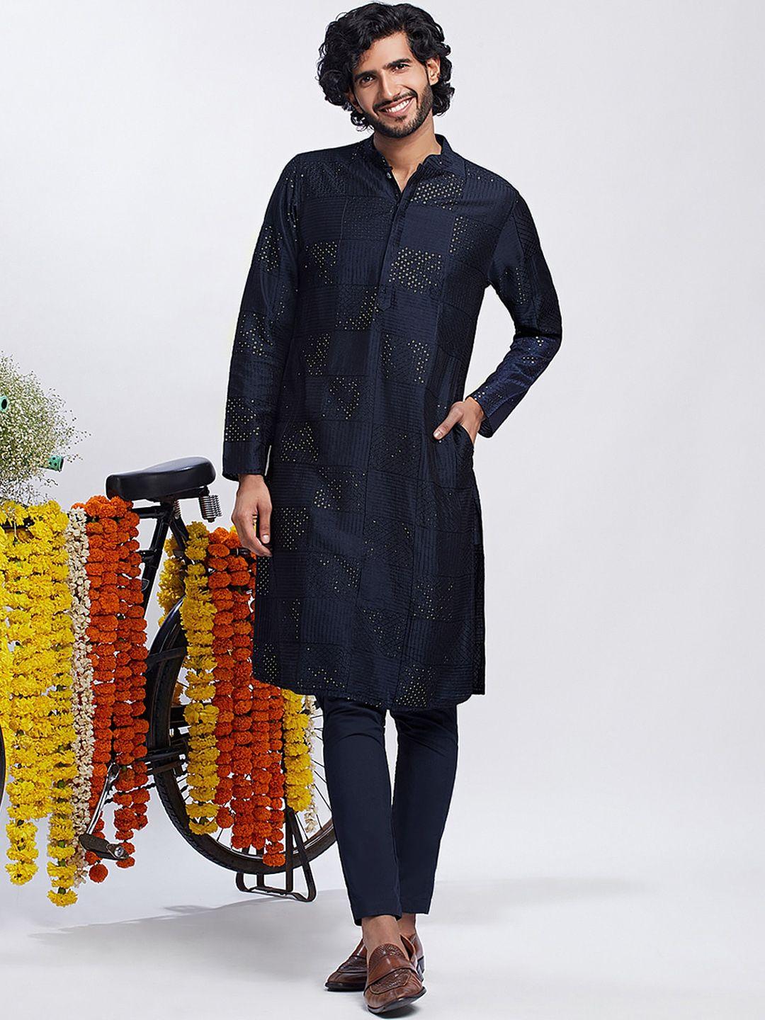 kisah geometric embroidered sequined indigo straight kurta with trousers