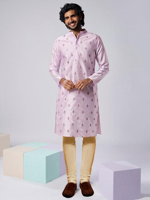kisah lavender & beige regular fit embroidered kurta & churidar set