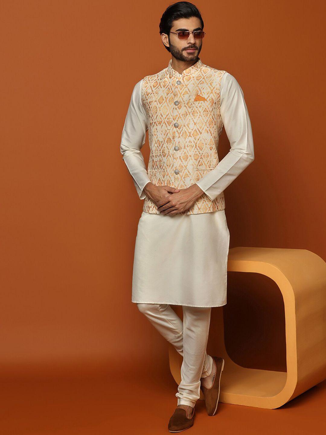 kisah mandarin collar kurta with churidar & printed nehru jacket