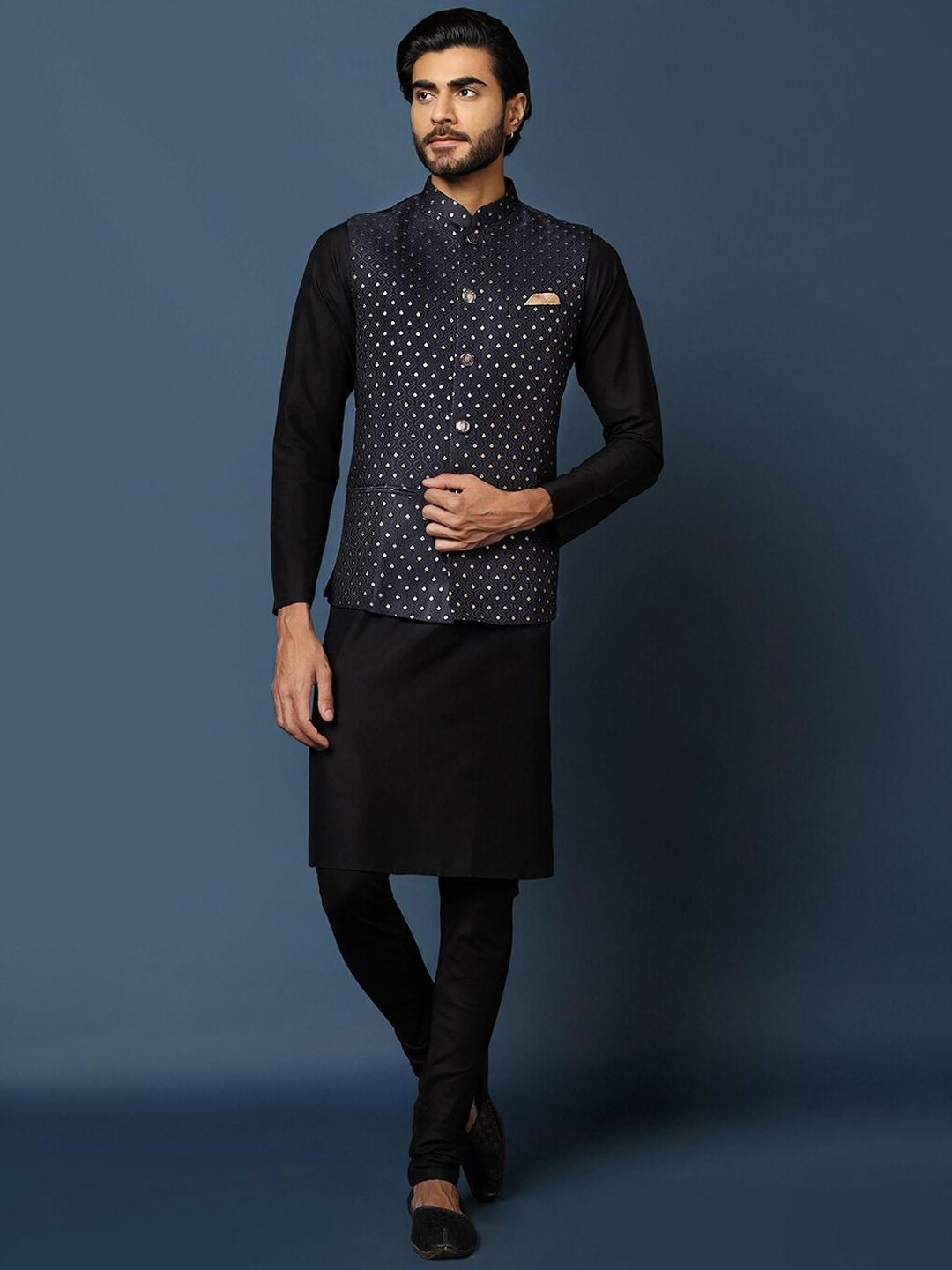 kisah mandarin collar regular kurta with churidar & woven design nehru jacket