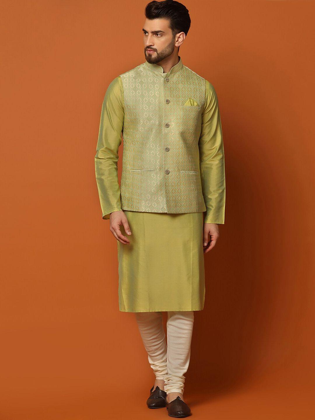 kisah mandarin collar regular kurta with churidar & woven design nehru jacket