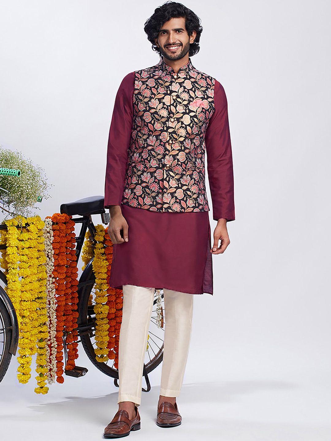 kisah mandarin collar regular kurta with pyjamas & nehru jacket