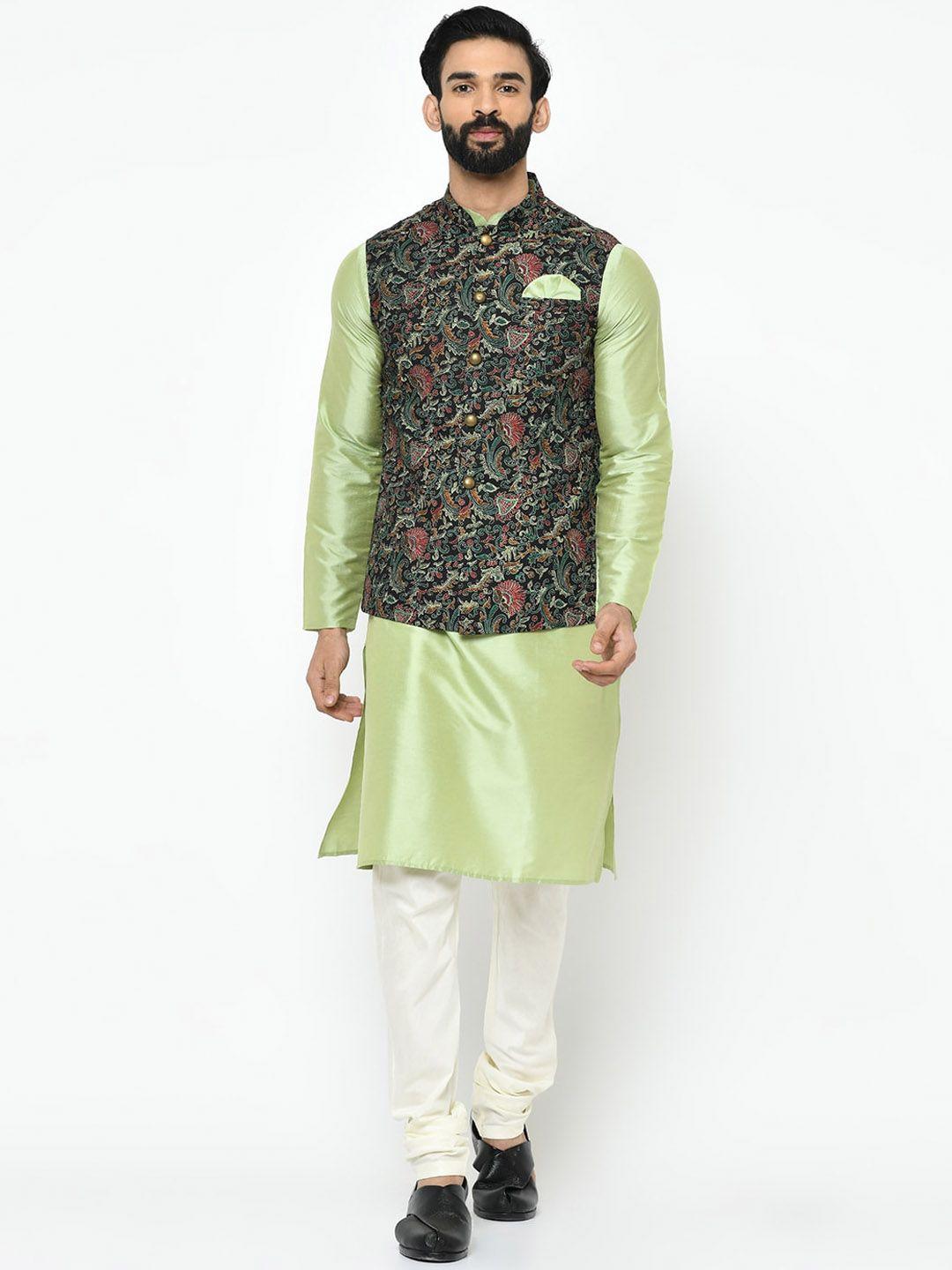 kisah mandarin collar regular pure cotton kurta with churidar with printed nehru jacket