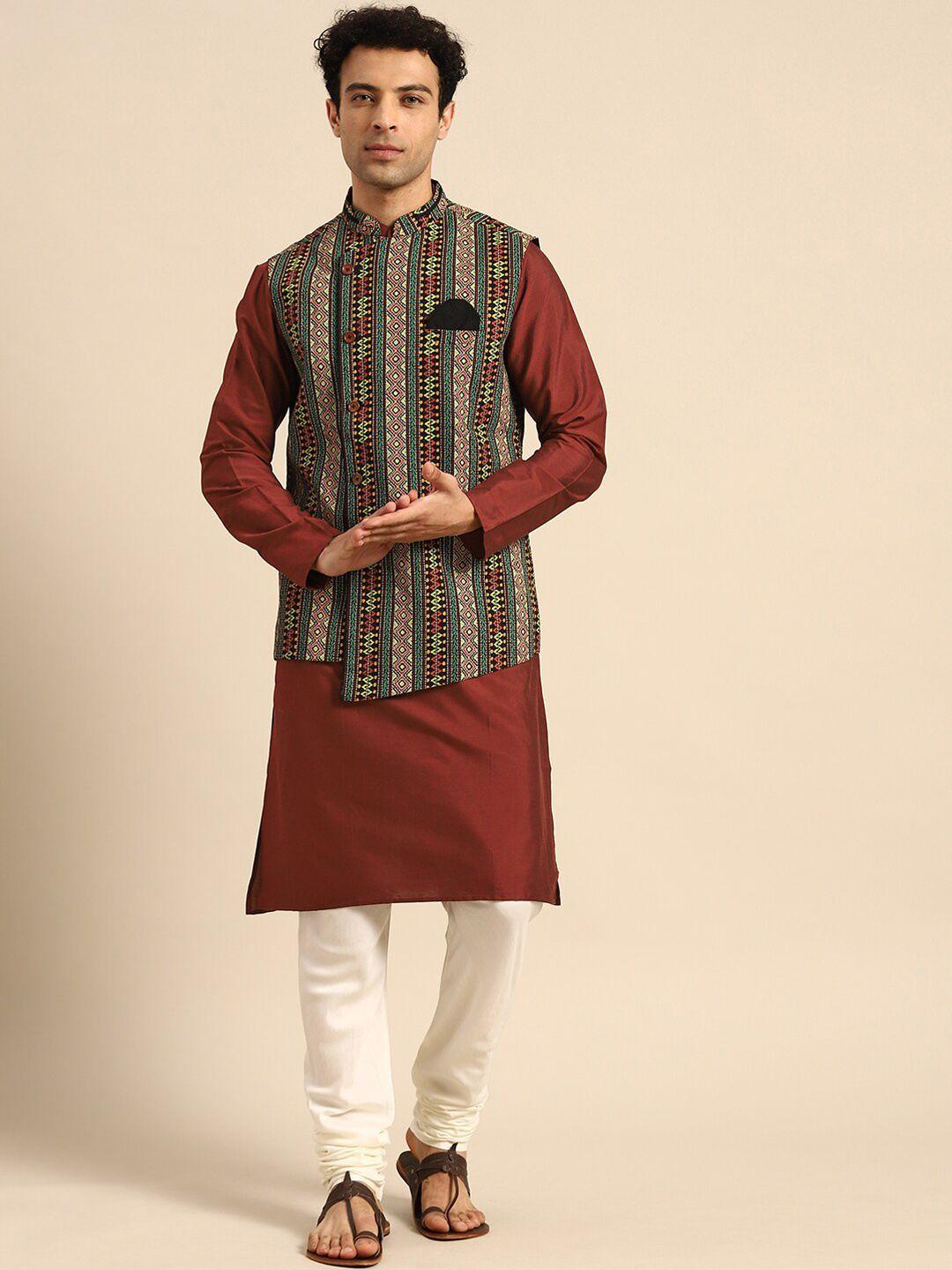 kisah mandarin collar regular straight kurta with churidar & nehru jacket