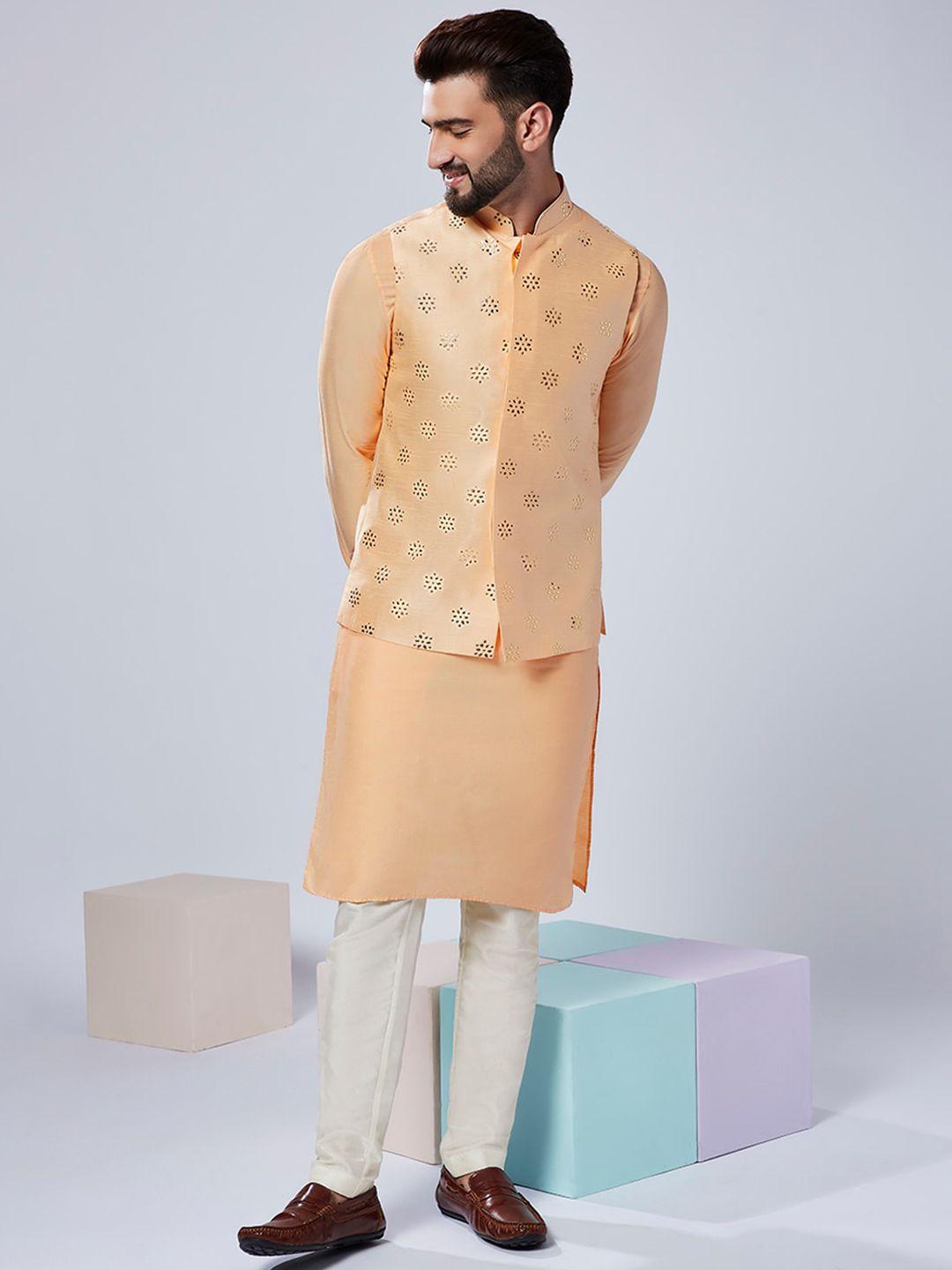 kisah mandarin collar straight kurta & trousers with nehru jacket set