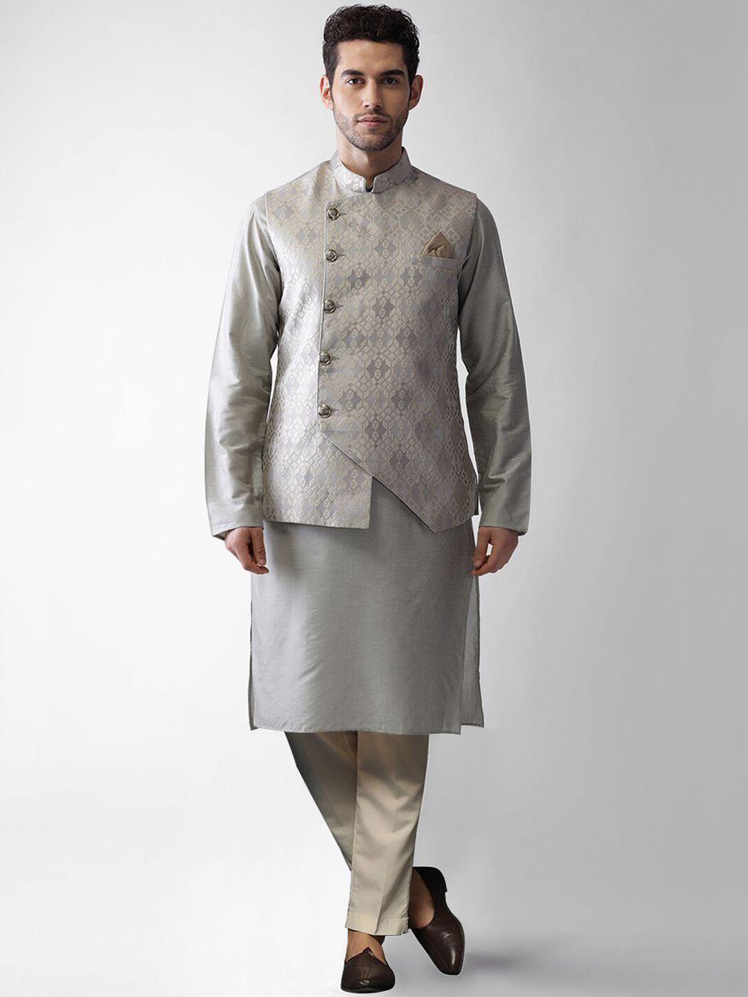 kisah mandarin collar straight kurta & trousers with nehru jacket